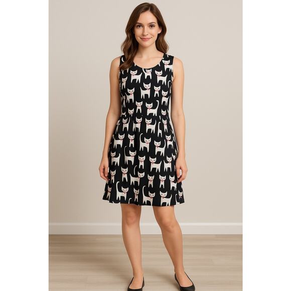 Poach Posh Cat Print Fit & Flare Dress Black White Sleeveless Novelty Quirky - Picture 1 of 10